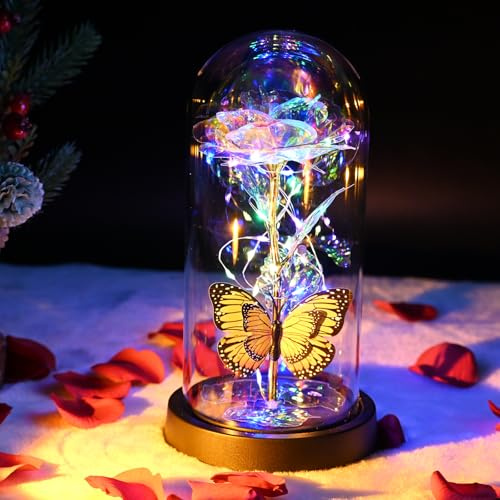 LADADA Mother's Day Colorful Butterfly Rose Flower Gifts for Her, Romantic Galaxy Light Up Rose Flower in Glass Dome, Wedding,Valentine's Day,Anniversary and Birthday Gifts