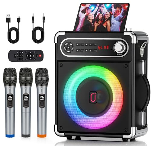 HWWR Karaoke Machine with 3 Wireless 0-Delay Microphones for Adults, Portable Bluetooth Speaker with 5.25 Woofer & 2 Tweeter, PA System Bass/Treble/Echo Control Supports TWS/FM/TV/AUX/USB/TF/REC