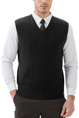 Kallspin Homme Gilet Pull col en V en Laine mélangée sans Manches tricoté (Noir, M)
