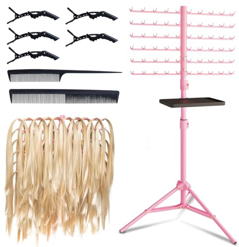 [Metal] 120-Peg Braiding Hair Rack Standing, with Tray Hair Extension Holder Hanger, Hair Divider Rack for Braiding Hair Separator Stand, Hair Braiding Rack Display Stand Hairstylist Braiders, Pink