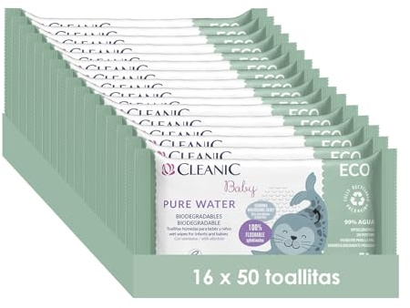 Cleanic Toallitas Húmedas Baby Eco Pure Water - (50x16 Piezas) Toallitas Húmedas - Composición 99% a Base de Agua - Alantoína - Sin Perfume - Desechables - para Pieles Sensibles - 800 Piezas