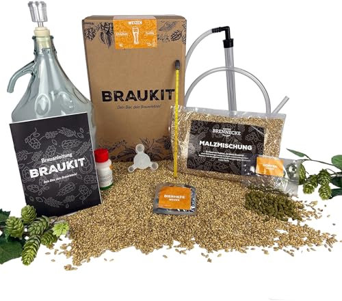 Braukit - Weizen Bierbrauset mit 5L Gärflasche | Malzmischung, Hopfen, Hefe, Thermometer, Reiniger, Abfüller | Einfache Handhabung, Perfekt für Einsteiger | Geschenk für Männer