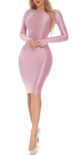 Maeau Damen Wickelkleid Ölig Glanz Partykleid Einfarbig Bodycon Kleider Sexy Eng Bleistiftkleid Knielang Clubkleid Langarm Nylon Hüftkleid Partykleid Sommer Glossy Clubwear XL