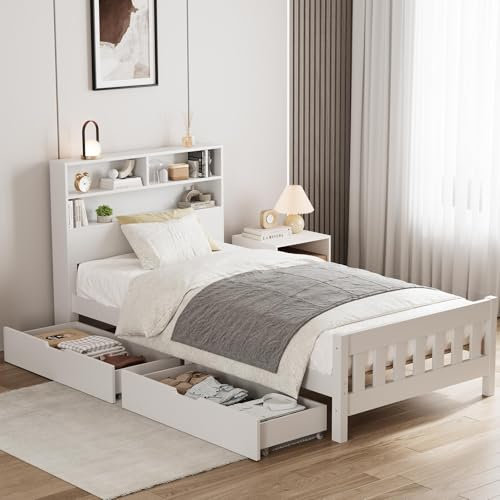 Aptliton Wooden Solid Bed Frame with Drawers, Single White Storage Bed Furniture for Kids, Teenagers and Adults, Pine and MDF, 3ft (White 190x90cm)