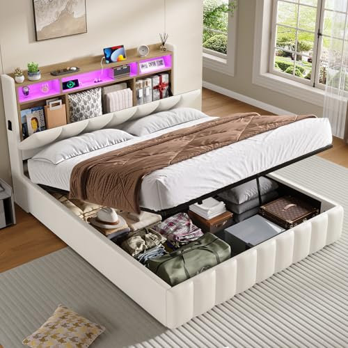 KIMENICH Bett mit LED Beleuchtung, Hydraulisches Bett 140 x 200 cm, Polsterbett, Regalkopfteil mit Stauraum, Bettgestell mit Lattenrost, bequem, für Schlafzimmer, Gästezimmer, PU Weiß