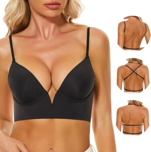 Uoolerp Soutien Gorge Dos Nu - Rembourrage Léger sans Couture Soutien Gorge Dos Nu Invisible Décolleté Plongeant Brassière Soutien Gorge avec Armature Bretelles Réglables(Black,100C)