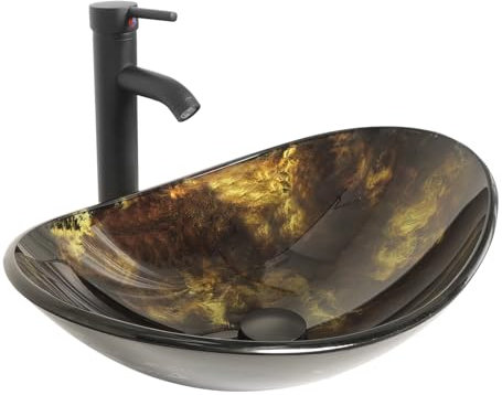 YU YUSING Lavabo Vasque à Poser Ovale en Verre avec Ensemble de Robinets, Lave-Mains, pour Salle de Bain, Cuisine, WC d'invités, Doré Moderne, 53.3 x 35 x 16 cm