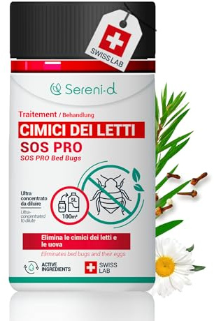 SOS PRO Cimici da Letto Concentrato – Trattamento Professionale a Base Vegetale Formula concentrata da diluire, tratta fino a 100 m² di superficie – Sereni-d SWISS LAB