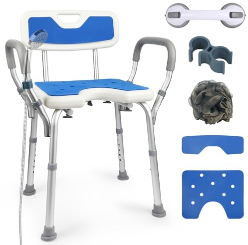Casgee Duschstuhl, Duschhocker für Senioren, rutschfest Duschstuhl mit Armlehnen, Höhenverstellbar Duschstuhl für Senioren Aluminium Duschsitz Tragfähigkeit von 150kg, Duschhilfe für Senioren Blau