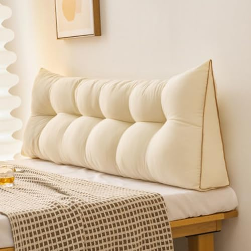 Almohada de cuña para cabecero de cama, cojín triangular de terciopelo suave, cojín de apoyo grande para leer, almohada de apoyo lumbar para dormitorio, sofá, tatami (beige, 180 x 45 x 15 cm)