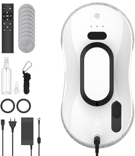 Robot Limpiacristales, 5600pa Limpia Cristales Electrico Ventanas con Pulverización Agua, 3 Modos Limpieza, Navegación Inteligente, Mando a Distancia y 8 Paños, Limpiacristales Electrico para Ventanas