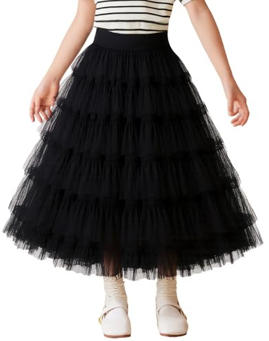 NEAWEALY Gonna tuturock per bambini, gonna da principessa, a vita alta, gonna a gradini, lunghezza media, estiva, linea ad A, gonna, Nero , 5-6 Anni