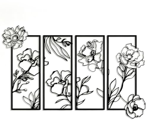 hocadon 4 piezas Decoración de Pared con Floral de Metal Minimalista Decoracion Hierro Pared Adornos de Murale de Metal Negro para Salón, Balcón, Dormitorio, Oficina, Porche