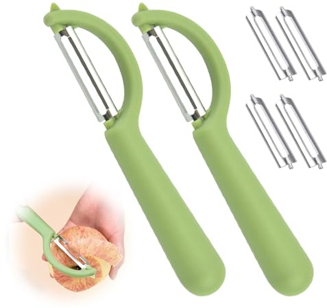 2 Piezas Pelador Universal con 4 Cuchillas de Repuesto, Pelador de Frutas y Verduras Multifuncional, Acero Inoxidable, Aplicable a Patatas, Verduras, Tomates, Manzanas, Frutas y Peladores.