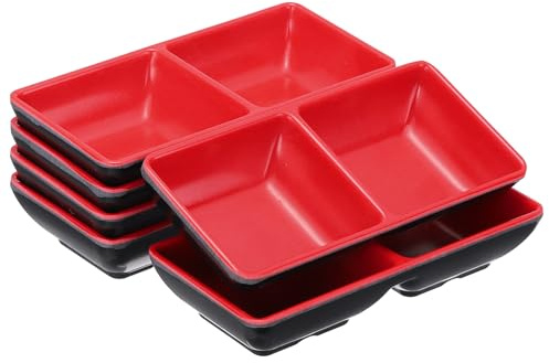 QUARKZMAN 6 stycken MF rektangulära dip-skålar, små svart-röda sidorätter med 2-delad kryddplatta sojaskålar för kryddor desserter hem BBQ party picknick restaurang