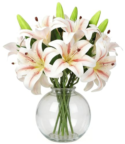 CECOMBINE 8 gigli artificiali, a stelo corto, con 16 teste completamente fiorite e 8 boccioli, perfetti per matrimoni, casa, ufficio, decorazioni per feste, composizioni floreali fai da te, bouquet
