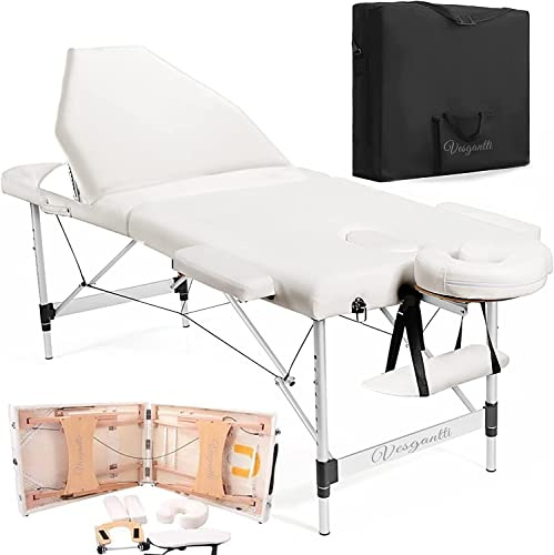 Vesgantti Portable Massage Table 60cm Width 3 Sections Beige White | Foldable, Aluminum Legs & Premium Foam, Professional, Height & Backrest Adjustable, Carry Bag, Beauty Salon Spa Use