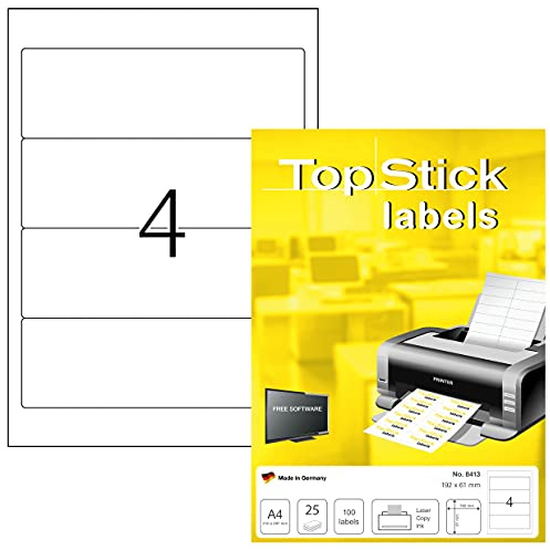 TopStick 8413 mappetiketter A4 kort/bred, set med 32 (192 x 61 mm, 800 ark, papper, matt) självhäftande, utskrivbara, permanenta mappa ryggetiketter, 3 200 filetiketter, vit