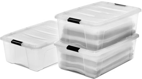 Iris Ohyama, Boite Rangement Plastique avec Couvercle, 30L, Lot de 3, Transparent, Clips de Fermeture, Poignée, Empilable, Organisation Solide & Durable, pour Chambre, Dressing, Bureau, DDNTB-30
