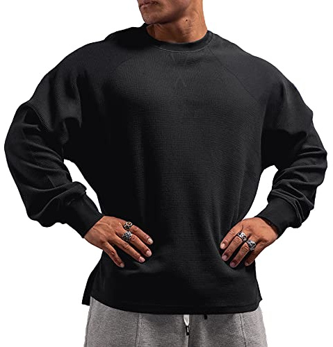 Herr basic långärmad våffeltröja lös passform träning pullover rund hals skjorta, Ct2311 Svart, S