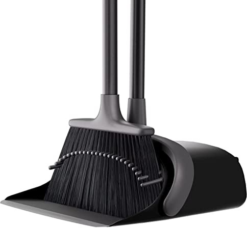 SANGFOR Long Handled Dustpan & Brush Set,Dustpan & Brush Sets Long Handle w/ Smooth Rubber Lip,Stand Up Dust Pan Brushes Set w/ 52'' Long Handle Broom,Broom & Dustpan Set Office Home Kitchen, Grey