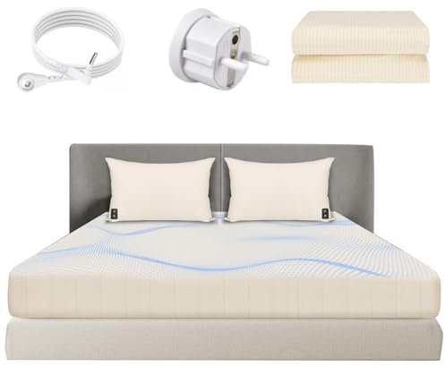 HUNAIGEE Erdungs-Spannbetttücher Erdungsbettlaken 150x200x33cm Erdungsmatte mit Kabel Steckeradapter Bio Baumwolle Silberfase Erdungsenergie für besseren Schlaf Beige