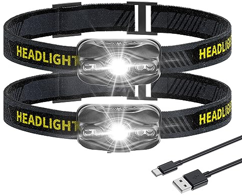 Smiling Shark 2-pack pannlampa, mini kraftfull bärbar LED-strålkastare med 5 typer av vitt och rött ljus vattentät för vuxna och barn cykling jogging, LED-headlamp-uppladdningsbar mini