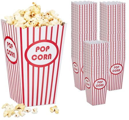 Relaxdays Cajas Palomitas, Set 60, a Rayas, Diseño Retro, Accesorios Noche Cine, Cartón, Recipiente Popcorn, Rojo/Blanco