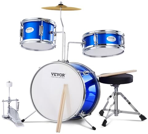 VEVOR Juego de Batería para Niños, 3 piezas, Juego de Batería para Principiante con Pedal de Platillo de Trono Ajustable dos Pares de Baquetas, Tom, Caja, Bombo, Kit de Batería de Iniciación, Azul