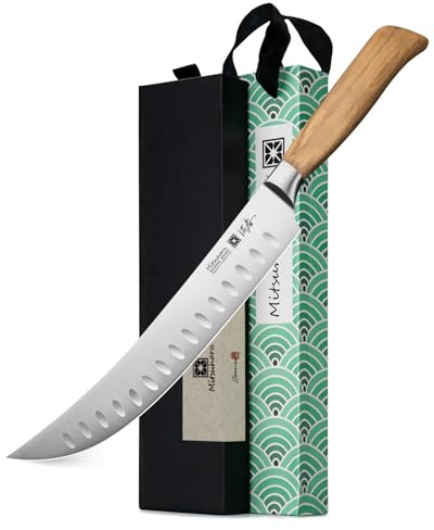 Mitsuharu 10 Butcher Knife, SHOMAN Series Curved Cimitar Breaking Knives, with Ergonomic Olive Wood Handle, German Steel Carving, Sharp Meat Slicing for Roast Ham with Case (Butcher Knife)
