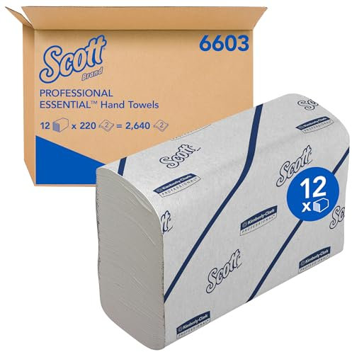 Scott Essential Asciugamani 6603, Asciugamani di carta bianchi con piegatura stretta, Certificati FSC, 12 Fascette x 220, bianchi (2.640 totali)