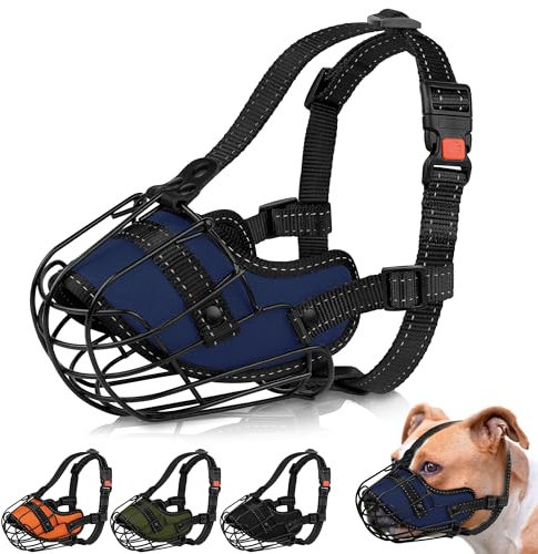 OOPSDOGGY Pitbull Dog Muzzle Reflective Metal Mask Secure Wire Basket Muzzles for Large Sized Dogs Amstaff Soft Cage to Prevent Biting Chewing with Adjustable Nylon Straps (Blue, Pitbull)