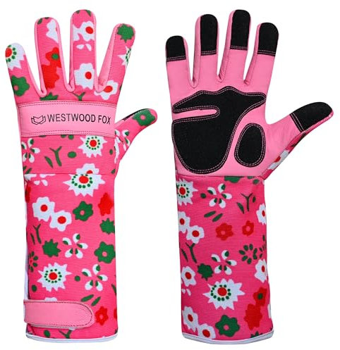 WESTWOOD FOX Gants de jardinage en cuir - Manches longues de protection pour avant-bras - Gants de travail résistants aux épines - Élagage des roses - Sécurité - Respirant et durable (Rose, M)