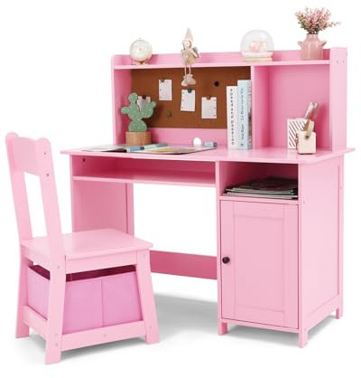 JOYLDIAS Kinderschreibtisch aus Holz, Kinder Schreibtisch mit Stuhl, Multifunktionaler Kinderlerntisch mit Ablageflächen und Stauraum/Rosa