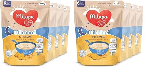 Milupa Milchbrei Butterkeks – Babybrei ohne Palmöl – Frei von Konservierungs- und Farbstoffen – Ab dem 6. Monat – 4 x 400 g (Packung mit 2)