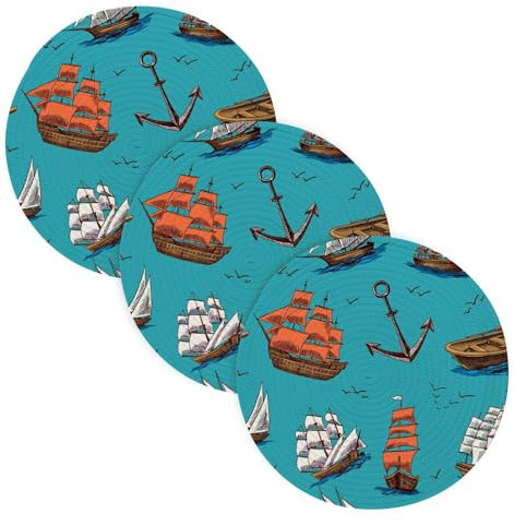 Absorb Water Trivet Camino de mesa para vela, barcos altos, yates de madera antiguos, color azul, 3 piezas de tejido de hilo de algodón, soportes para ollas calientes para soporte instantáneo de