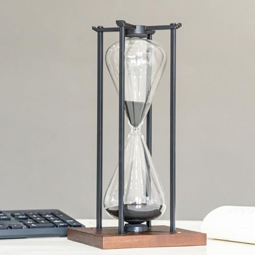 Große schwarzes Eisen Handwerk Sanduhr Timer 60 Minuten, Moderne Stunde Glas Timer Geschenk für Männer & Frauen, Sand Timer für Küche Home Office Desk Deko (Schwarzer)
