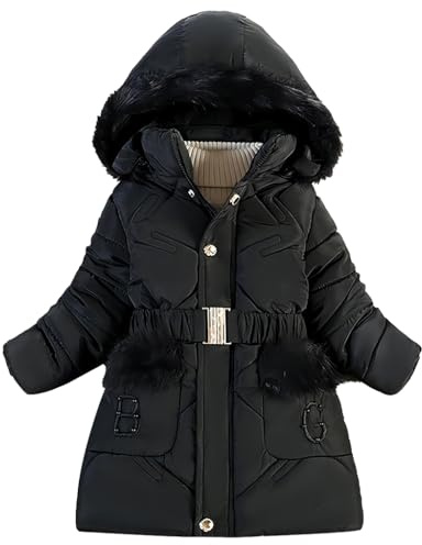 Tilozs Fille Manteau Enfant Veste de Polaire Epaisse Doudoune d'Hiver Chaud Blouson à Capuche Fourrure Ski Parka Rembourré Longue Vêtement Coupe Vent, Noir, 4-6 ans(L'étiquette: 120)