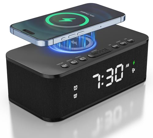 Fansbe Direct Digital Alarm Clock White Noise, Loud Digital Alarm Clocks Bedrooms, Alarm Clock Speaker Wireless Charger AUX USB Bluetooth Speaker 12/24H Dual Alarm Snooze Adjustable Brightness, Black