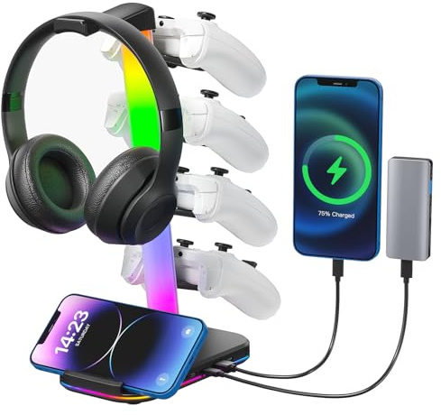 Hcman Controller Holder 5 Tier Headphone Stand Gaming Headset Holder RGB PC Gaming Accessories for Desk, PS5 Xbox Cool LED Headset Stand with 2 Type-C Outport, 1 USB Charger for Gamer, Black