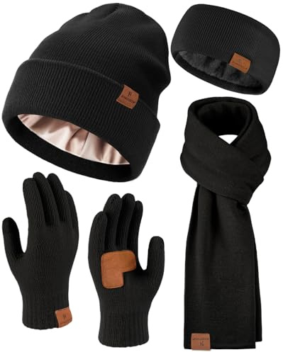 Womens Winter Warm Beanie Hats Gloves Scarf Headband Set for Women Soft Fleece Lined Ear Warmer Knit Scarf Touch Screen Gloves 4 Set Winter Gifts