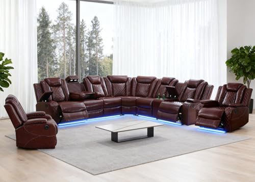 Anthato Power Recliner Sectional Sofa Set with LED, Living Room Furniture Sets, L-Shaped Recliner Sofa & 2 Chairs, Luxury Couch with Charging/Storage for Living Room (Sectional+2Chair,Burgundy Red)
