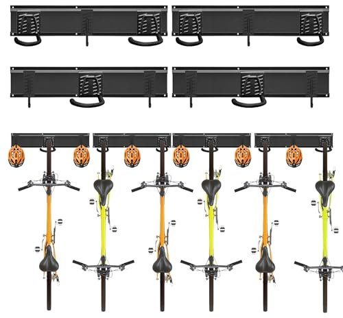 Mimoke Bicycle Wall Mount Vertical Adjustable Bicycle Suspension Wall for E-Bike, MTB and Road Bike, Bicycle Mount Wall for Bicycles and Helmet Hooks (for 6 Bikes 4 Rails)