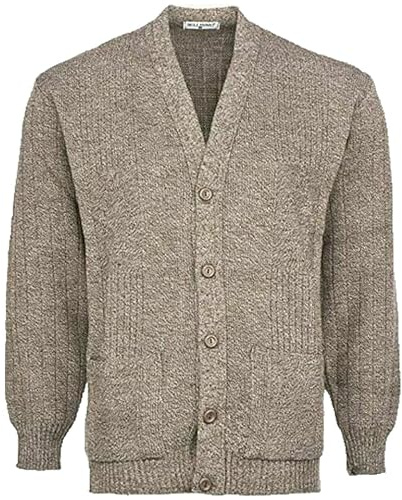 Mens Plain Knitted Cardigan – Classic Grandad Style Zip Up or Button Up Sweater | Thick Warm Winter Knitwear Jumper | V Neck Long Sleeve Cardigan with Pockets | Made in UK | Button Beige XXL