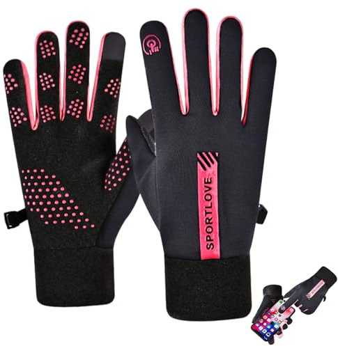 KASLCWA Guanti invernali caldi termici antivento, Guanti da Corsa, Touch Screen e Impermeabil Antivento Per Corsa Ciclismo Moto Bici Guida Sci Snowboard Escursionismo Per Uomo Donna(Rosa rossa)