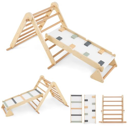 3 in 1 Toddler Climbing Frame, Wooden Kids Montessori Triangle Ladder Climber with Double Sided Ramp, Indoor Play Gym for Boys Girls (Natural)