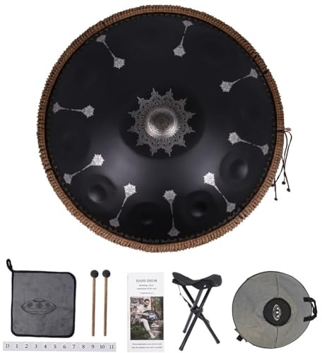 slaginstrument, 440 Hz, diameter 56 cm, ståltungtrumma, D-moll, 10 sedlar, handpantrumma med mandala-mönster (svart med mandala-mönster)