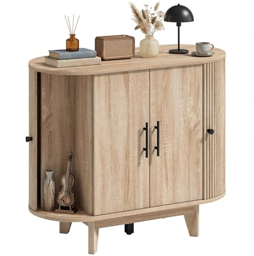 HOMCOM Buffet Salon Meuble de Rangement Ovale 4 Portes 90x40x76cm Chêne
