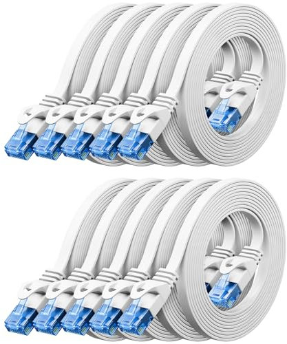 deleyCON 10x 0,5m CAT6 Câble Réseau Plat 1000 Mbit Gigabit LAN - Cat 6 RJ45 Ethernet Câble de Raccordement Câble de Pose fin Plat - pour Internet Switch Routeur Modem Panneau de Brassage - Blanc