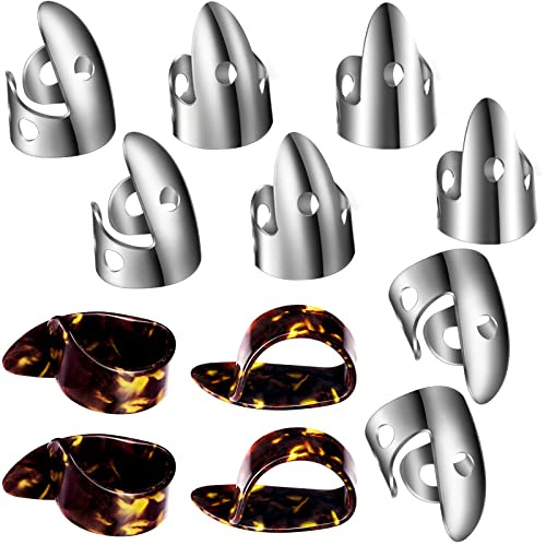 Shappy 12 Pcs Steel Finger Picks Set, Including Stainless Steel Finger and Thumb Picks, Metal Adjustable Bass Guitar Accessories for Guitar Banjos(Stylish Style)